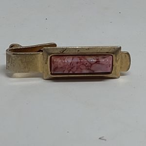 Vintage Golden Tone Tie Clip Men Decorated With Pink Marble Rhodonite Stone